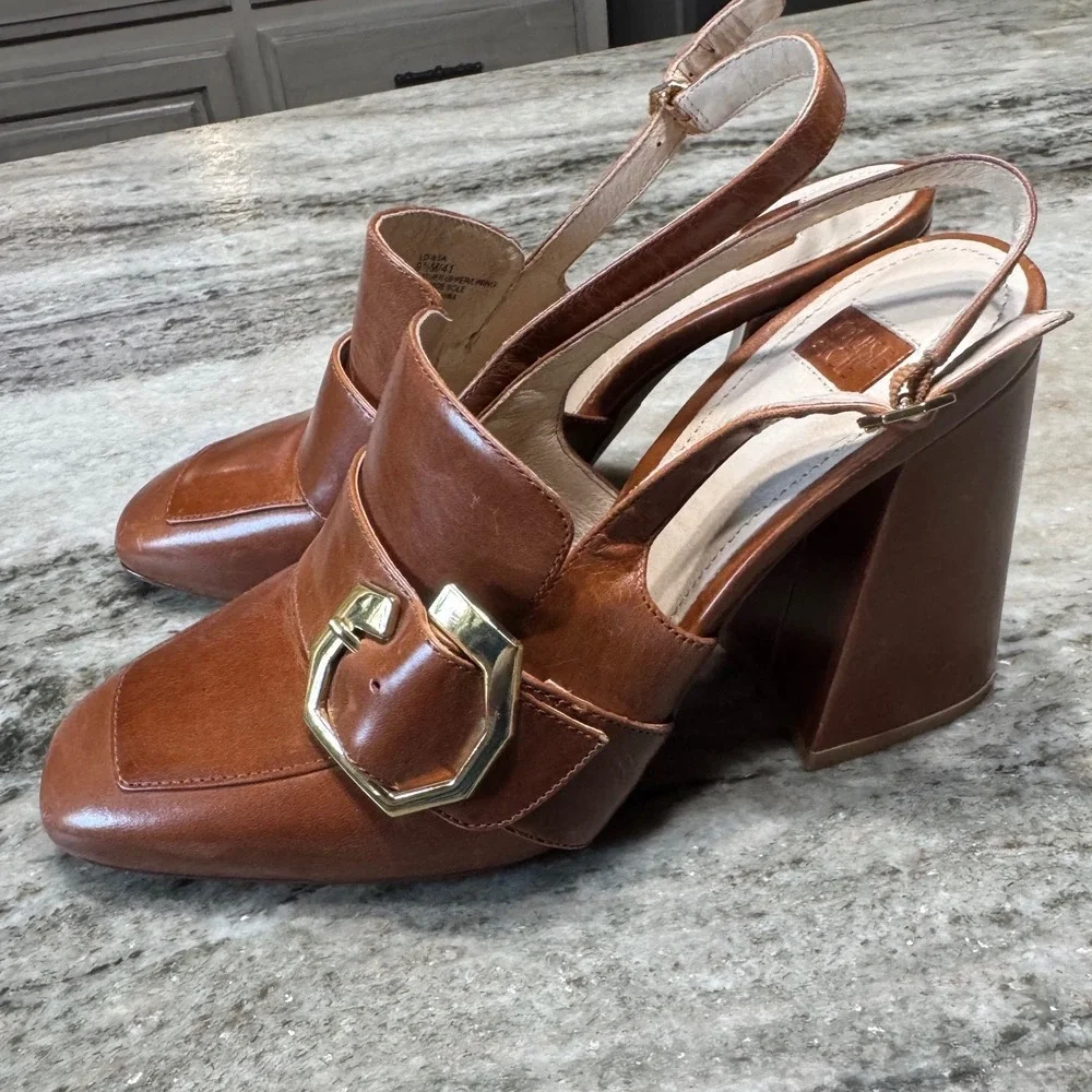 Louise et Cie Ilsa Slingback Pumps Womens 9.5 Leather Block Heel Brown Buckle